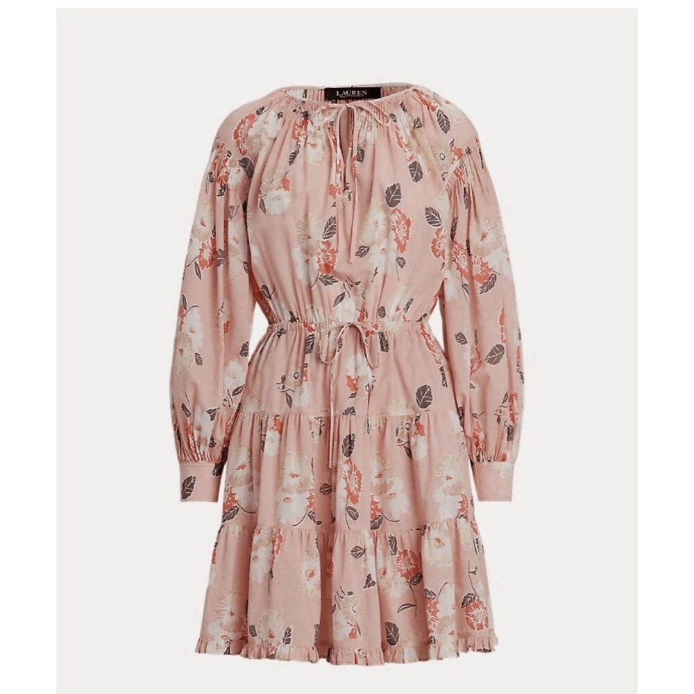 Lauren Ralph Lauren Floral Voile Tiered Tie-Neck Dress Pink 8 Tear Near Neck